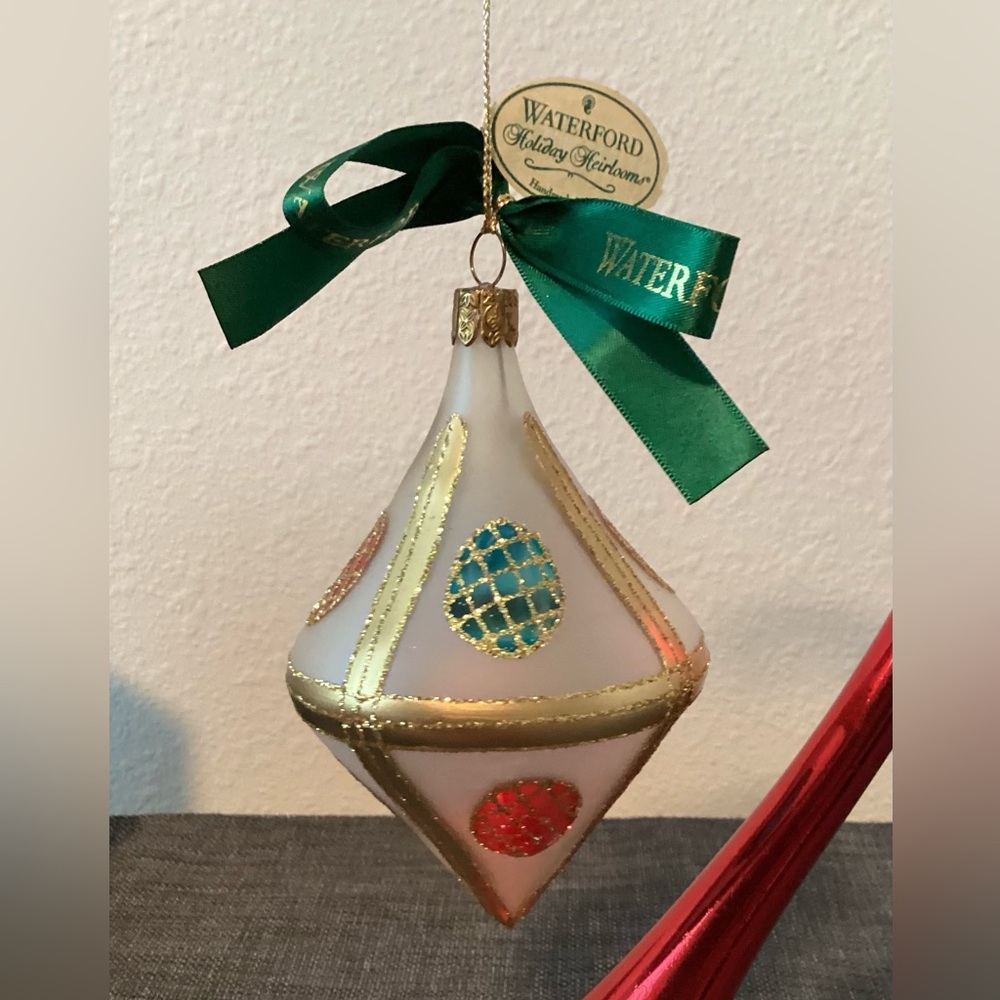 Waterford White and Green Glass Holiday Ornament with Gold Accents